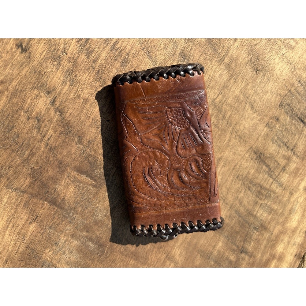 Vintage Handmade Tooled Leather 6 Hook Key Holder Wallet Brown Braided Weste
